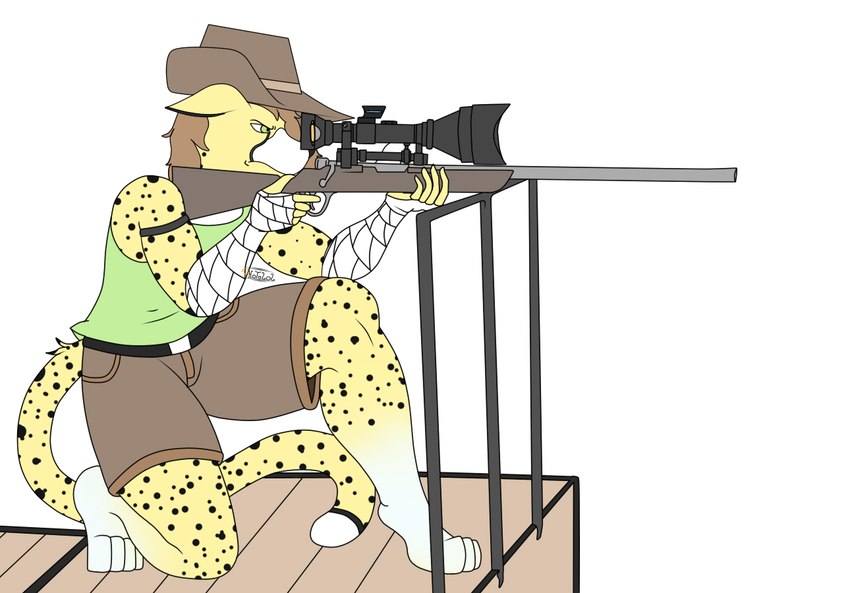 aiming angry anthro australian_hat bandage bottomwear clothing female gun hat headgear headwear ranged_weapon rifle shorts simple_background sniper_rifle solo weapon photolol.03 jessica_(photolol.03) cheetah felid feline mammal