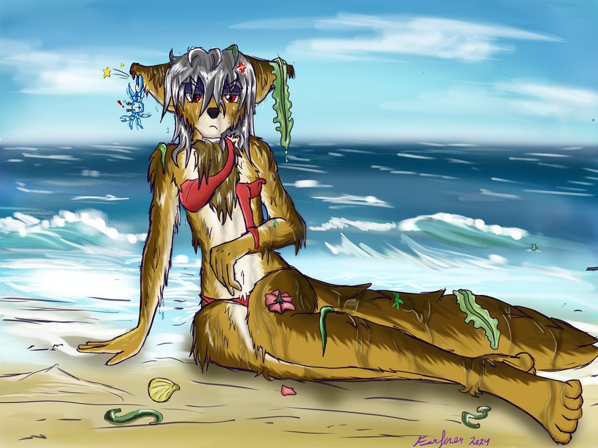 anthro beach brown_body brown_fur female feral fur hair sea slave water wave white_hair farfener links the_auroran_archives azee_(links) shiyan_(links) arthropod canid canine canis coyote crab crustacean decapoda malacostracan mammal marine wolf 4:3 colored hi_res