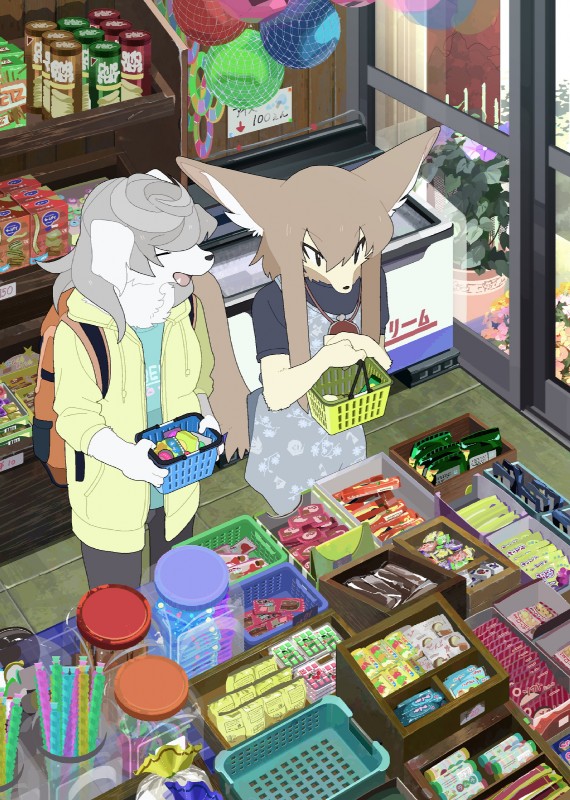 anthro backpack brown_body brown_fur brown_hair candy clothed clothing dessert detailed_background duo eyes_closed female food fur hair happy holding_object inside jacket male open_mouth standing store tan_body tan_fur topwear young young_anthro taracod canid canine mammal 2018 hi_res