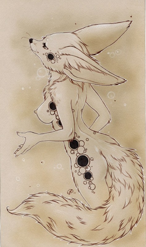 anthro big_ears black_nose breasts butt chest_tuft circle claws ears_back erect_nipples female fluffy fluffy_tail inner_ear_fluff markings nipples nude outline pivoted_ears side_boob side_view slim solo standing tail tuft whiskers nekoart canid canine fennec_fox fox mammal true_fox hi_res portrait restricted_palette traditional_media_(artwork)