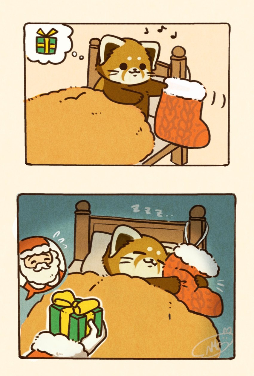 anthro bed black_nose brown_body chibi christmas_clothing christmas_headwear clothing eyes_closed facial_hair feral furniture hat headgear headwear holidays kemono lying musical_note musical_symbol mustache pillow santa_hat sleeping symbol shi_nominmin christmas santa_claus ailurid human mammal red_panda 2024 hi_res