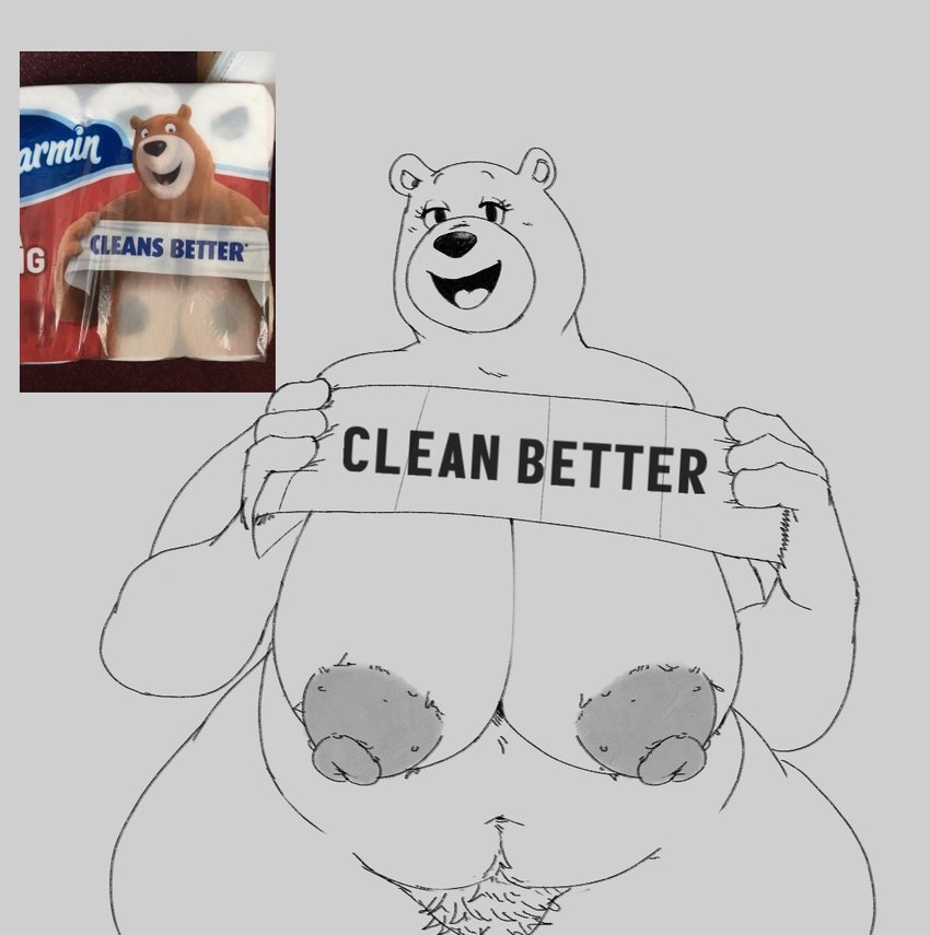 anthro areola belly big_areola big_breasts big_butt breasts butt female huge_breasts huge_butt mature_female nude nude_anthro overweight overweight_anthro overweight_female paper pubes slightly_chubby slightly_chubby_female solo text thick_thighs olozva charmin charmin_bear leonard_(charmin) bear mammal 2024 english_text meme