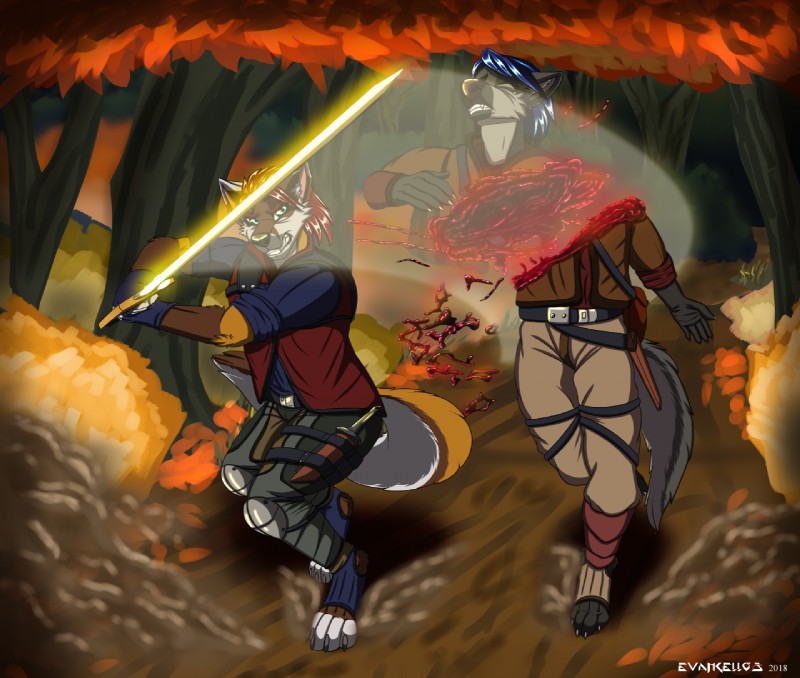 angry anthro armor blood bodily_fluids clothed clothing death duo energy_weapon entrails fantasy fight forest fully_clothed gore hair killing knife male melee_weapon outside plant running short_hair simple_background snarling sword tree violence weapon evangellos clyde_draskar canid canine canis coyote fox mammal 2018 detailed digital_media_(artwork)