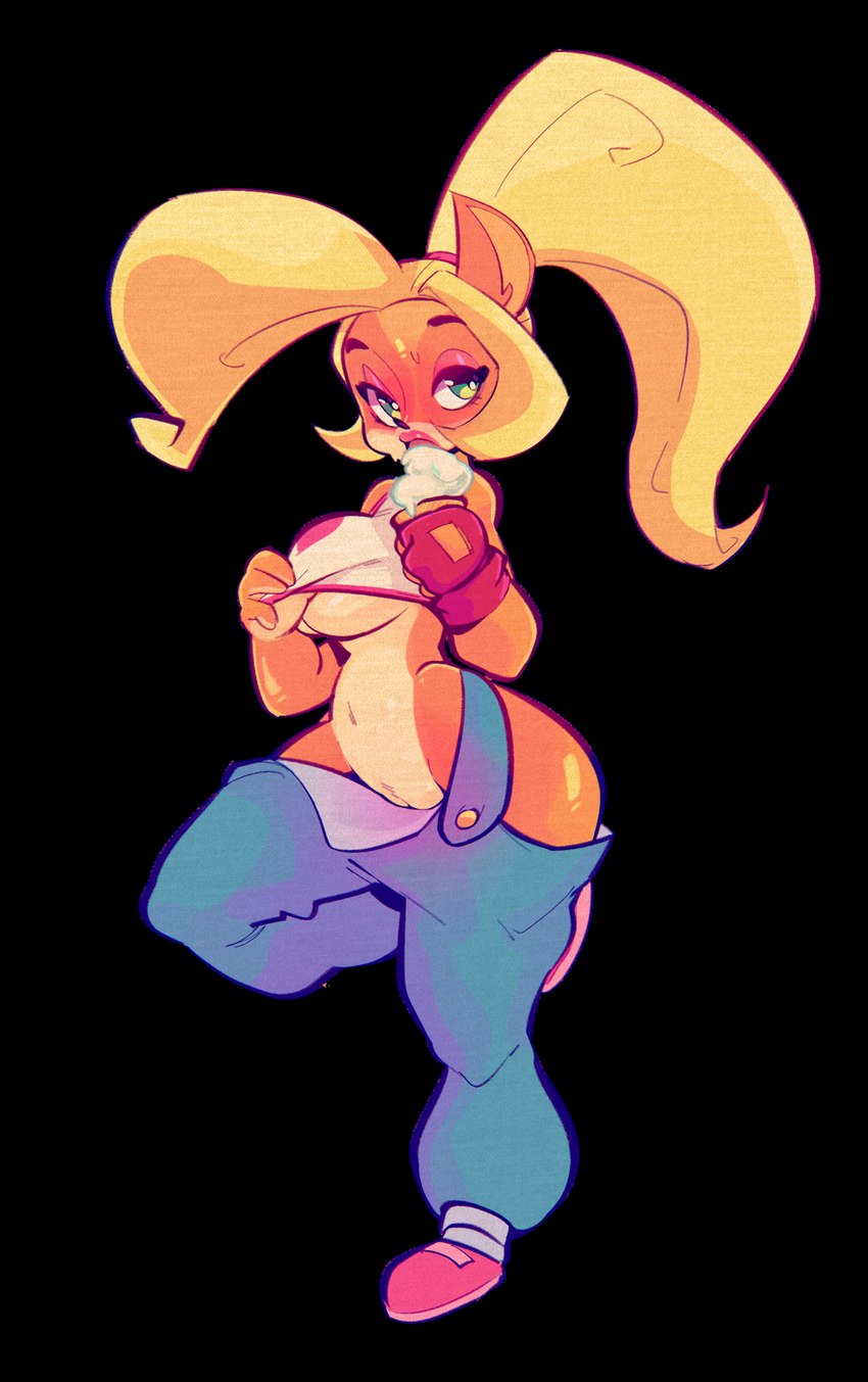 anthro blonde_hair breasts clothed clothing dessert female food genitals green_eyes hair ice_cream ineffective_clothing long_hair no_underwear overalls pussy solo thick_thighs under_boob jdwalkrat activision crash_bandicoot_(series) coco_bandicoot bandicoot mammal marsupial absurd_res alpha_channel hi_res