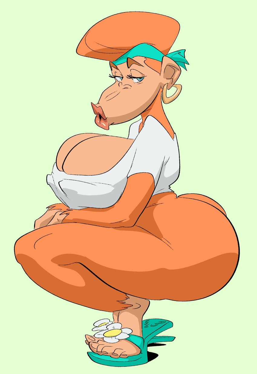 accessory anthro big_breasts big_butt blue_eyes bottomless bottomwear breasts butt clothed clothing crouching ear_piercing ear_ring female footwear fur headband huge_breasts huge_butt huge_hips lips nipple_outline orange_body orange_fur piercing pink_lips ring_piercing sandals shoes shorts small_waist solo thick_thighs topwear topwear_only undressing wide_hips slb donkey_kong_(series) donkey_kong_country_(tv_series) nintendo candy_kong ape haplorhine kong mammal primate 2021 absurd_res hi_res