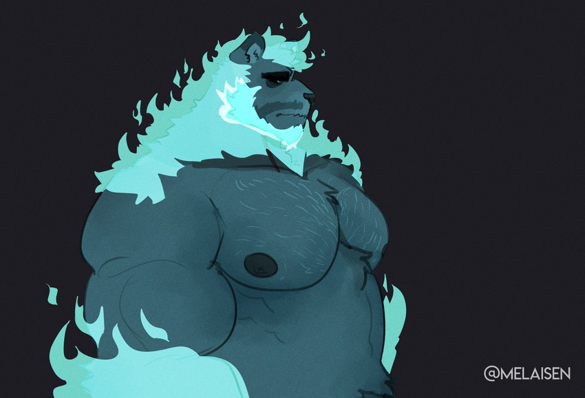 anthro barazoku black_background black_sclera blue_fire blue_mane colored_fire dark_nipples facial_hair fire flaming_arms flaming_hair flaming_mane male mane musclegut muscular mustache overweight overweight_anthro overweight_male pseudo_hair pseudo_mane simple_background solo teal_body teal_fire teal_mane melaisen demon felid lion mammal pantherine 2021 absurd_res artist_name digital_media_(artwork) half-length_portrait hi_res portrait