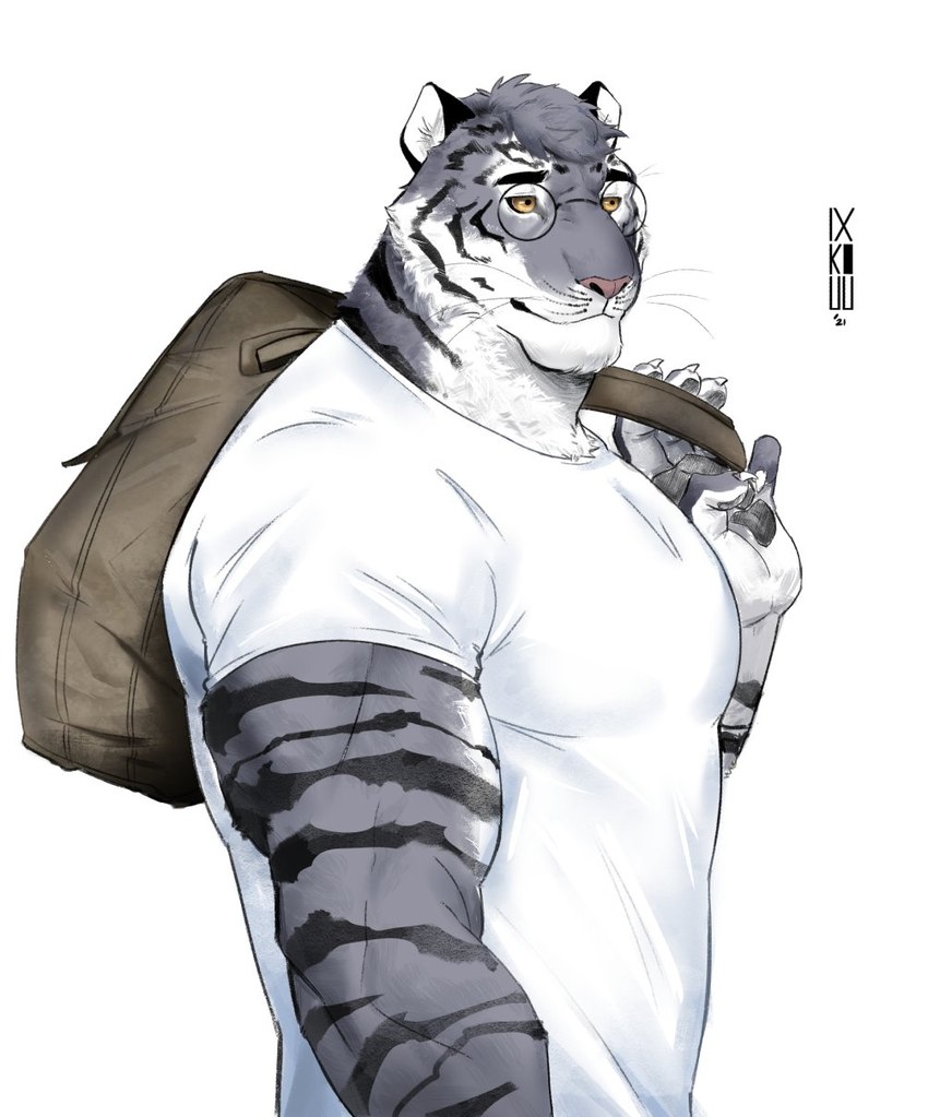 anthro clothed clothing fur male muscular muscular_anthro muscular_male shirt simple_background solo topwear ixkouu felid mammal pantherine tiger 2021 digital_media_(artwork) hi_res