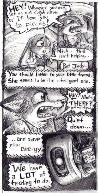 anthro artificial_intelligence female fur machine male portal text penmark disney portal_(series) valve zootopia glados judy_hopps nick_wilde canid canine fox lagomorph leporid mammal personality_core_(portal) rabbit robot 2016 comic crossover english_text hi_res sketch