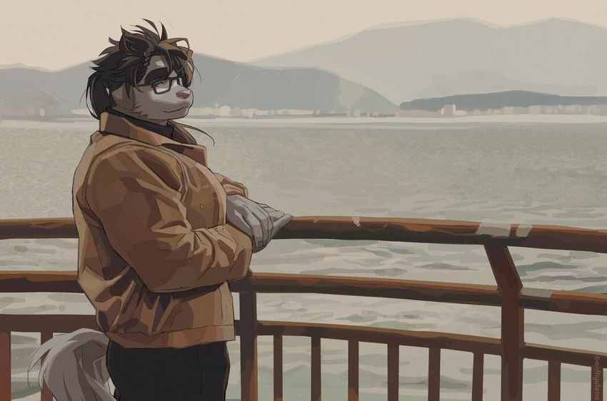 anthro brown_body brown_fur brown_hair clothed clothing coat eyebrows eyewear fully_clothed fur glasses hair looking_at_viewer male seaside smile smiling_at_viewer solo tail topwear wasp_(artist) lifewonders tokyo_afterschool_summoners catoblepas_(tas) catoblepas hi_res