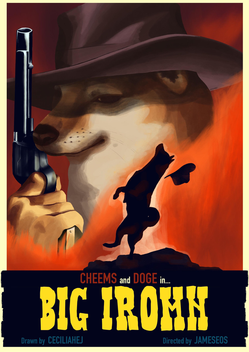 clothing cowboy_hat duo feral gun handgun hat headgear headwear humor male nude outside parody poster ranged_weapon revolver text weapon wild_west ceciliahej dogelore big_iron cheems doge canid canine canis domestic_dog mammal shiba_inu spitz 2020 absurd_res english_text hi_res meme translated