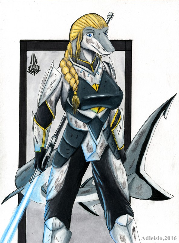 anthro armor blonde_hair blue_eyes blue_lightsaber braided_hair breasts dirty female hair holding_object holding_weapon knight lightpike lightsaber lightsaber_polearm looking_at_viewer melee_weapon non-mammal_breasts pike_(weapon) ponytail pose solo warrior weapon adleisio star_wars theia carcharhinus fish marine requiem_shark shark silvertip_shark 2016 hi_res pinup portrait