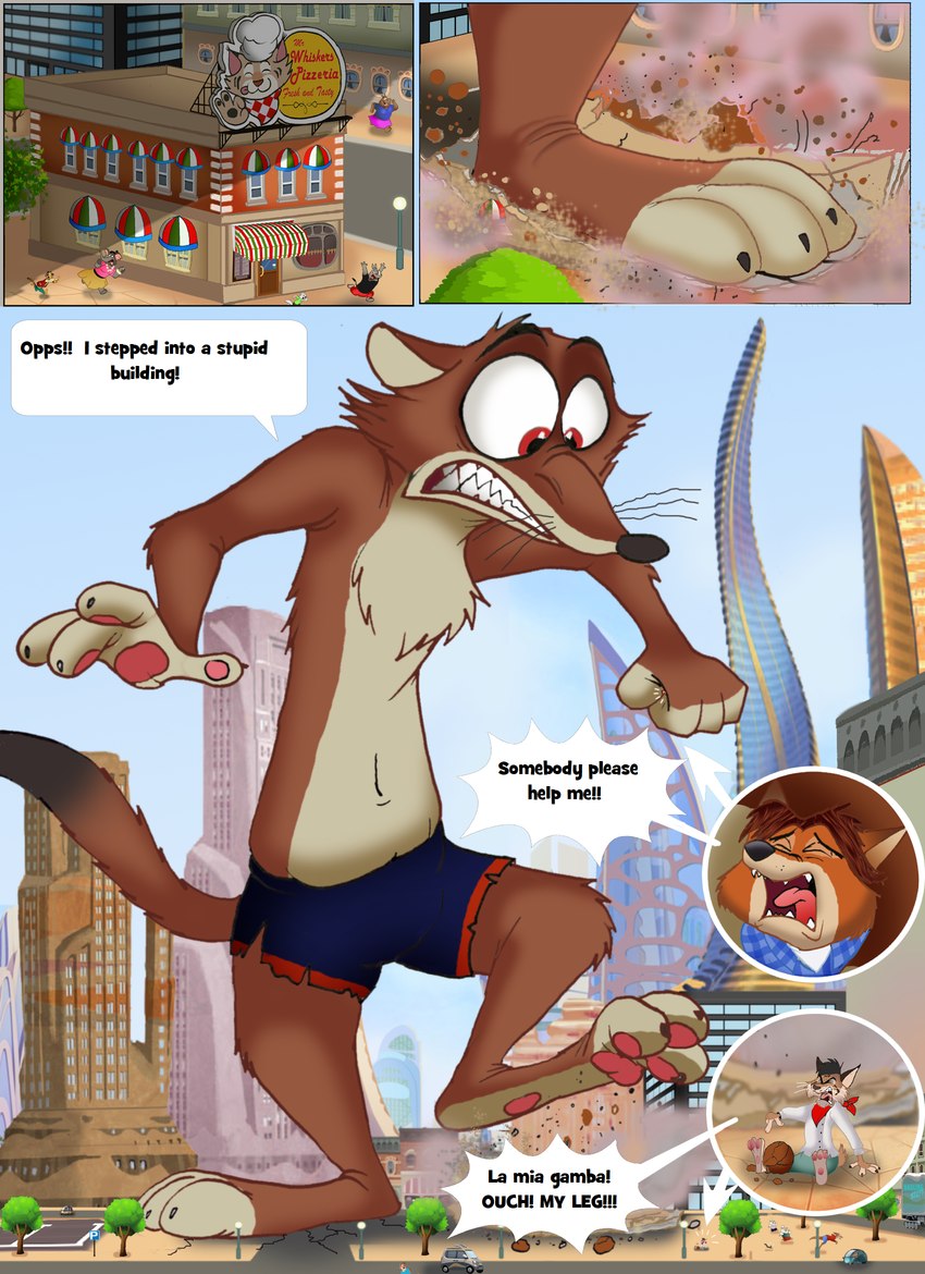 4_fingers anthro bottomwear brown_body brown_fur building cheek_tuft city city_background city_crushing city_destruction cityscape clothed clothing cracked_ground cracks detailed_background dialogue duo facial_tuft fingers fur humanoid_heel macro macro_anthro macro_male male multicolored_body multicolored_fur navel outside pivoted_ears plant red_eyes rubble shorts size_difference speech_bubble surprise surprised_expression teeth text tree tuft uniform wounded yelling fairytalesartist disney zootopia duke_weaselton gideon_grey canid canine fox lagomorph least_weasel leporid mammal mustelid musteline red_fox true_fox true_musteline weasel 2024 comic english_text hi_res