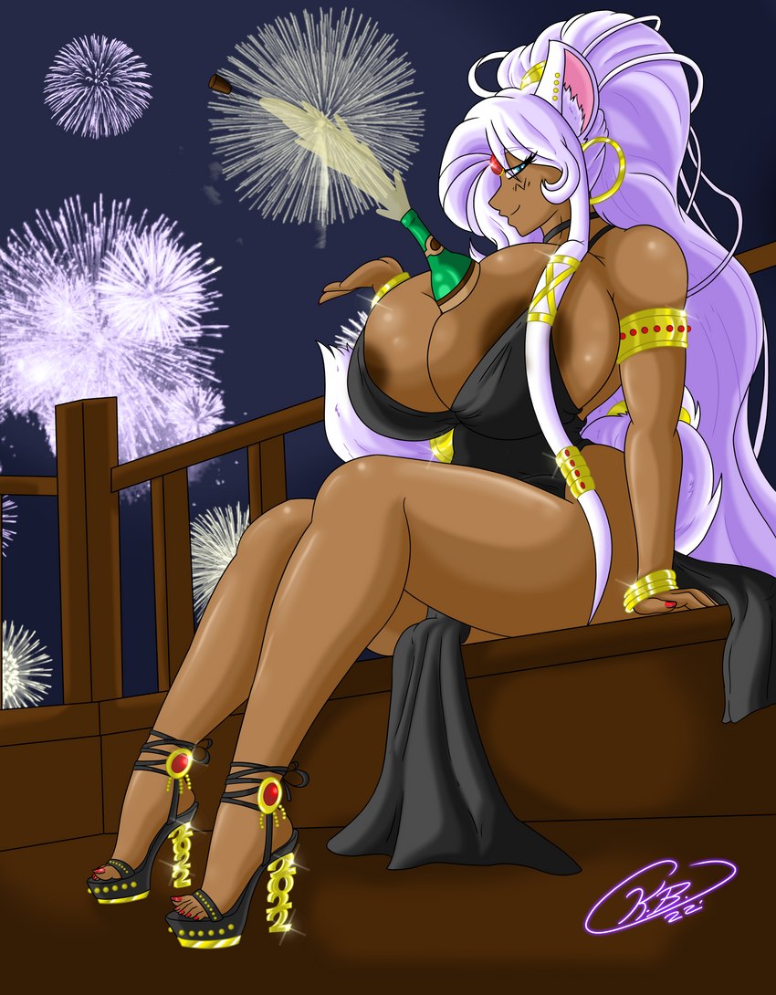 alcohol beverage big_breasts big_butt blue_eyes breasts brown_body brown_skin butt clothed clothing dress ear_piercing female fireworks footwear hair high_heels holidays huge_breasts light_hair looking_at_viewer not_furry piercing purple_hair shoes smile solo krocialblack new_year new_year_2022 new_years_eve eirene_(krocialblack) domestic_cat felid feline felis humanoid mammal 2022 absurd_res digital_media_(artwork) hi_res