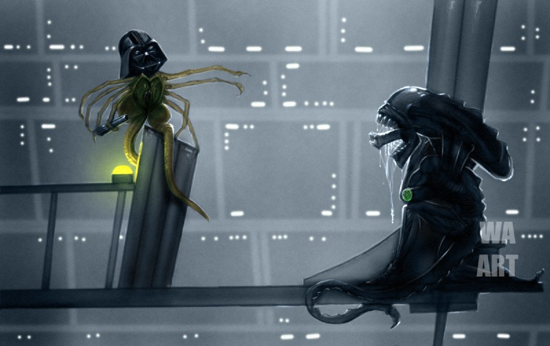 ambiguous_gender bodily_fluids drooling duo kneeling lightsaber melee_weapon parody saliva severed_body_part severed_hand weapon captainnow alien_(franchise) star_wars darth_vader alien facehugger xenomorph crossover digital_media_(artwork)