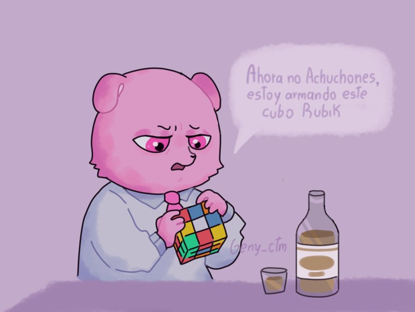 anthro beverage biped black_nose clothing dialogue necktie pink_body pink_eyes shirt solo text topwear geny_ctm rubik's_cube unicorn_wars gordi_(unicorn_wars) bear mammal 2023 4:3 hi_res spanish_text