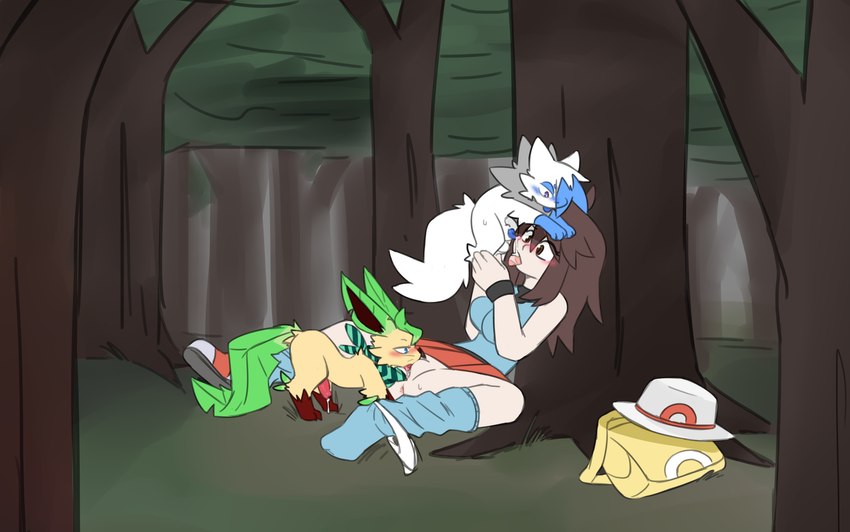 leaf, nas, and pokemon trainer (nintendo and etc) created by bargglesnatch-x1