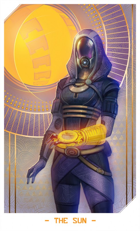 3_fingers abstract_background armor belt card card_template clothed clothing female fingers fortune_telling fully_clothed headgear helmet hood major_arcana not_furry solo standing tarot tarot_card the_sun_(tarot) alteya bioware electronic_arts mass_effect tali'zorah alien alien_humanoid humanoid quarian hi_res