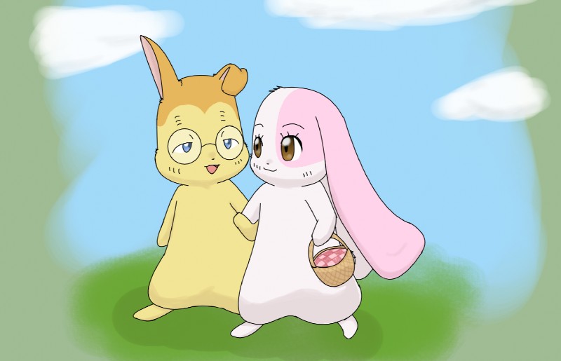 anthro basket blue_eyes brown_eyes cloud container duo female fur hand_holding long_ears male orange_body orange_fur picnic_basket pink_body pink_fur romantic romantic_couple semi-anthro simple_background walking yellow_body yellow_fur improbable_(artist) happy_happy_clover pixiv sayuri_tatsuyama mallow_(happy_happy_clover) shallot_(happy_happy_clover) domestic_rabbit lagomorph leporid lop_rabbit mammal oryctolagus rabbit