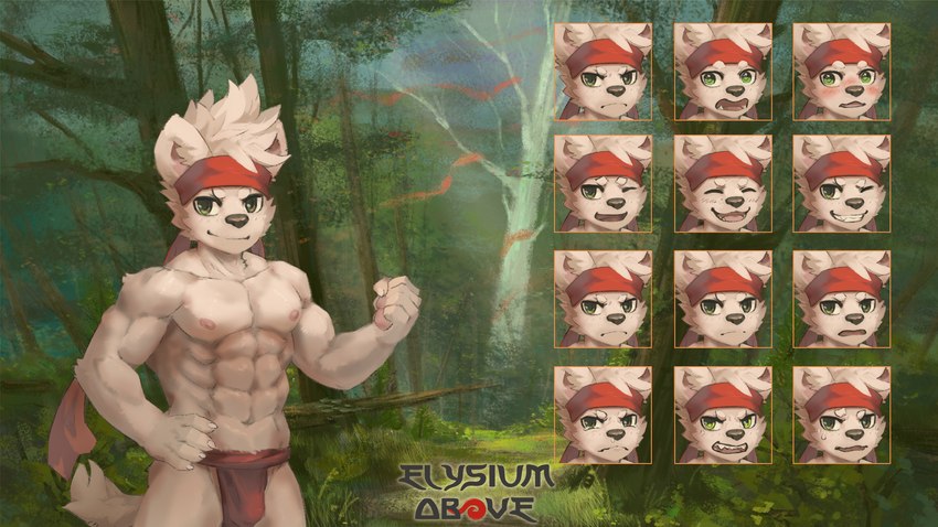 abs anthro biceps bottomwear bulge clothed clothing expressions forest forest_background fur green_eyes hair kemono loincloth loincloth_only looking_at_viewer male muscular muscular_anthro muscular_male nature nature_background nipples pecs plant smile solo standing tail topless tree white_body white_fur ainro elysium_above dong_xuan canid canine canis domestic_dog mammal hi_res