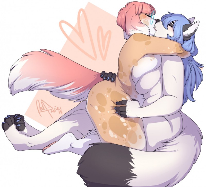 anthro arm_around_shoulder belly bent_arm bent_legs big_breasts blue_hair blue_nails blush breast_squish breasts breasts_frottage butt butt_grab claws colored_nails cuddling dipstick_ears dipstick_tail duo ear_markings eyes_closed eyewear feet feet_together female female/female fingerless_(marking) foot_on_foot foot_on_own_foot fur glasses hair hand_on_another's_butt hand_on_butt hand_on_leg hand_on_tail hand_on_thigh heart_symbol hug intimate kissing kneeling knock-kneed leg_grab legs_together long_hair markings multicolored_ears multicolored_tail nails overweight passionate pawpads pink_hair red_hair short_hair side_boob simple_background sitting slightly_chubby squish straddling tail tail_grab tail_markings thick_thighs thigh_grab toe_claws toeless_(marking) white_body white_fur redpixie breeze_(tajem) cookie_(diskofox) canid canine mammal 2018