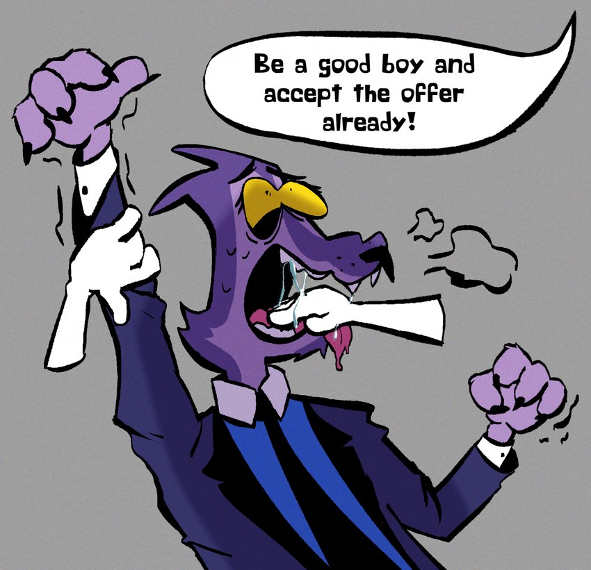 anthro bodily_fluids breath clothing duo forced good_boy hand_in_mouth male mouth_play necktie panicking panting purple_body saliva saliva_on_hand saliva_on_tongue solo_focus suit sweat text toony yellow_eyes vv0ltz canid canine canis mammal wolf english_text hi_res line_art