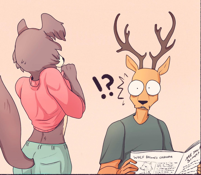 anthro antlers breasts brown_body brown_fur butt clothed clothing clothing_lift distracted duo female flashing flashing_breasts fur horn humor interrobang interspecies male newspaper predator/prey presenting presenting_breasts shirt shirt_lift surprise text topwear wide_eyed eden_fries beastars dogelore cheems juno_(beastars) louis_(beastars) canid canine canis cervine deer mammal red_deer wolf 2020 comic english_text hi_res meme