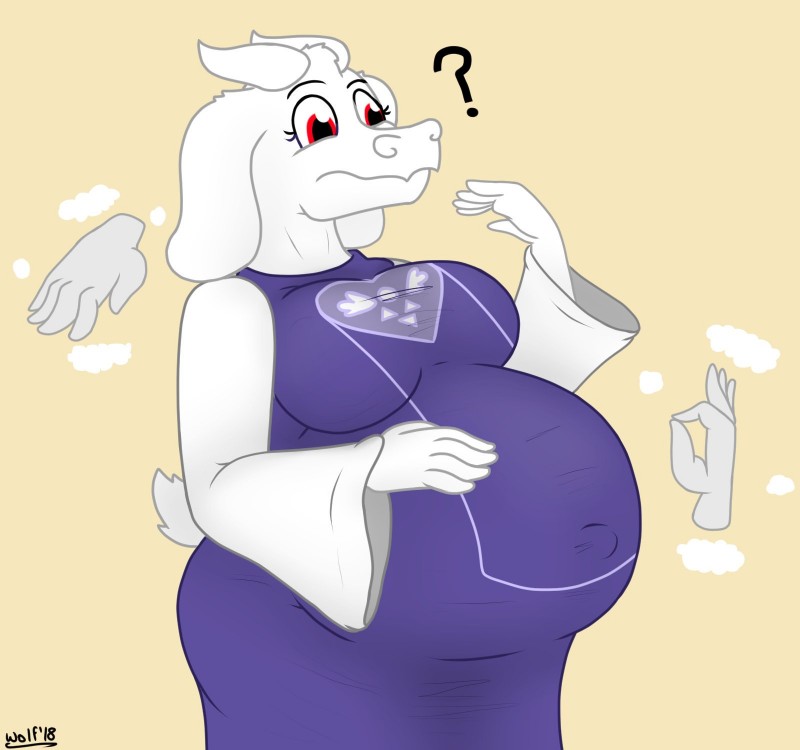 anthro belly big_belly big_breasts breasts clothed clothing confusion disembodied_hand exclamation_point female group huge_belly hyper hyper_belly pregnant solo_focus undyingwolf undertale undertale_(series) toriel boss_monster_(undertale) bovid caprine mammal hi_res