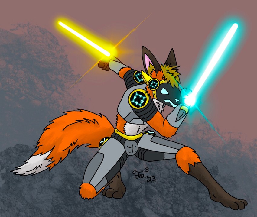 anthro blue_lightsaber lightsaber machine male melee_weapon solo weapon yellow_lightsaber reywoof star_wars protogen