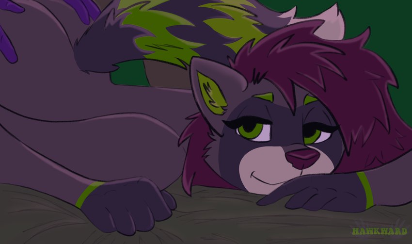 anthro bedroom_eyes duo female fluffy fluffy_tail from_behind_position grabbing_sheets green_eyes hair male male/female narrowed_eyes purple_hair seductive sex tail hawkward_(artist) dezyraccoon mammal procyonid raccoon hi_res