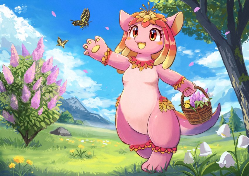 anthro breasts cloud dandelion detailed_background featureless_breasts featureless_crotch female flower flower_basket grass grassland holding_object kemono mountain nude open_mouth open_smile outside pawpads petals pink_body pink_eyes plant plant_hair pseudo_hair shrub smile solo tail thick_tail thick_thighs wide_hips yellow_mouth yellow_pawpads oborokarasu mythology lilac_(pyritie) arthropod butterfly dragon elemental_creature flora_fauna flower_creature insect lepidopteran mythological_creature mythological_scalie scalie 2024 digital_media_(artwork) hi_res