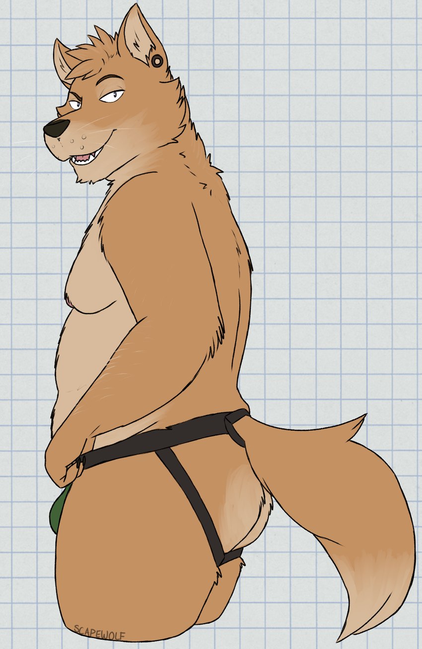 anthro barely_visible_bulge big_butt black_nose bulge butt checkered checkered_background claws clothed clothing fangs finger_claws fingers fur humanoid_hands jockstrap jockstrap_only looking_at_viewer male moobs nipples pattern_background side_view simple_background slightly_chubby slightly_chubby_anthro slightly_chubby_male smile solo tail tan_body tan_fur teeth tongue topless topless_anthro topless_male underwear underwear_only whiskers unsafescapewolf echo_(game) echo_(series) echo_project jeremy_begay canid canine fox kit_fox mammal true_fox 2024 digital_drawing_(artwork) digital_media_(artwork) hi_res portrait three-quarter_portrait