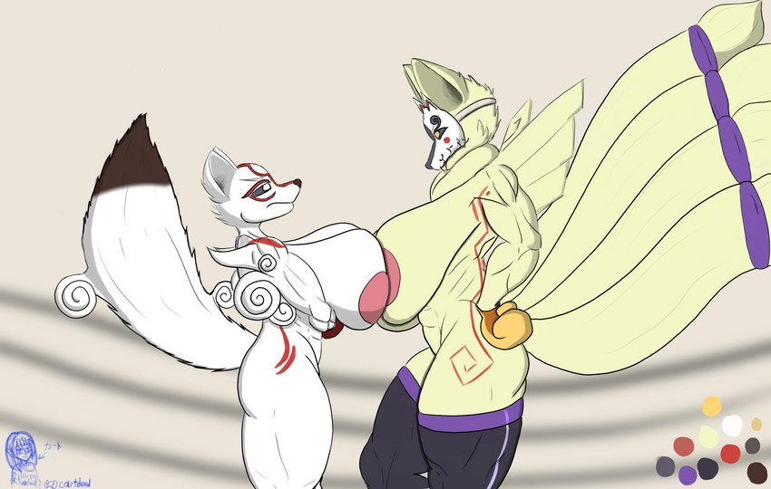 anthro anthrofied areola big_breasts boxing boxing_gloves breast_squish breasts breasts_frottage clothing dipstick_tail female fighting_ring handwear huge_breasts markings muscular nude pink_areola side_view sport squish tail tail_markings cartdood capcom clover_studio okami_(capcom) amaterasu_(okami) ninetails_(okami) canid canine canis fox mammal wolf hi_res