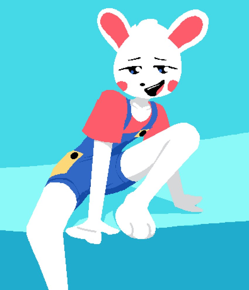 ambiguous_gender anthro clothed clothing fur narrowed_eyes overalls pixelated sitting smile solo suggestive white_body white_fur uglycoal bokube_(game) lagomorph leporid mammal rabbit aliasing binary_drawing digital_drawing_(artwork) digital_media_(artwork) hi_res shaded simple_shading