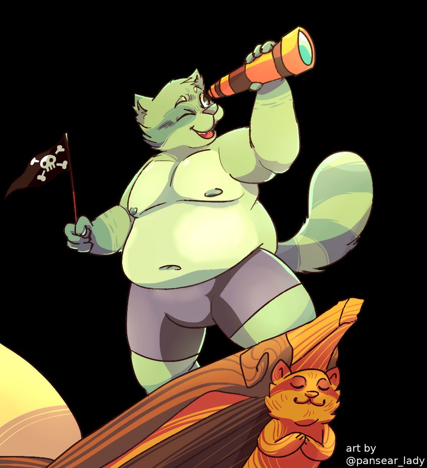 4_fingers anthro belly bent_arm bottomwear clothing fingers flag fur green_body green_fur holding_object male navel nipples one_eye_closed open_mouth overweight overweight_anthro overweight_male pirate pirate_outfit ship shirtless_anthro shirtless_male shorts simple_background solo standing telescope tongue transparent_background vehicle watercraft wood conditional_dnp pansear_lady fred_(fredrick_brennan) mammal procyonid raccoon alpha_channel watermark