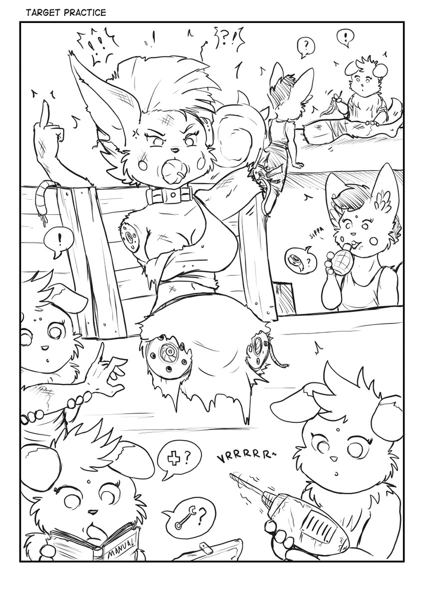 4_missing_limbs ambiguous_gender amputee anthro biped book border breasts cleavage clothed clothing collar cross-popping_vein cybernetic_arm cybernetic_leg cybernetic_limb cybernetics disability exclamation_point explosives female finger_in_mouth gag gagged gesture grenade group hand_gesture holding_book holding_feather holding_object improvised_gag interrobang machine medium_breasts middle_finger mohawk power_tool quadruple_amputee rags reading reading_book rosy_cheeks tools torn_clothing weapon white_border s-nina fallout fallout:_pca microsoft nintendo pokemon raider'chu cyborg espurr generation_1_pokemon generation_4_pokemon generation_6_pokemon pachirisu pokemon_(species) raichu 2023 hi_res monochrome