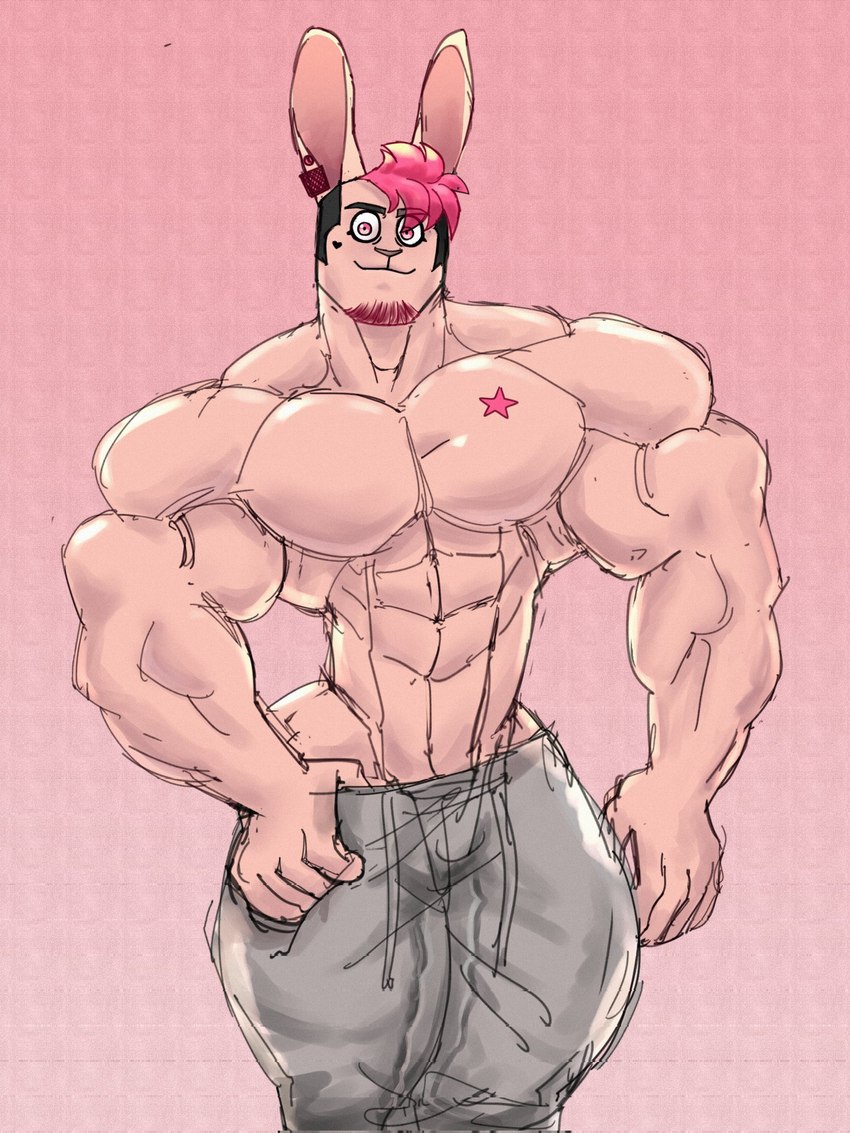 abs anthro bottomwear clothing ear_piercing ear_ring facial_hair featureless_chest goatee hair male muscular muscular_anthro muscular_male pants pecs piercing pink_body pink_eyes pink_hair ring_piercing shirtless solo sweatpants tattoo omniously lagomorph leporid mammal rabbit 2021 hi_res