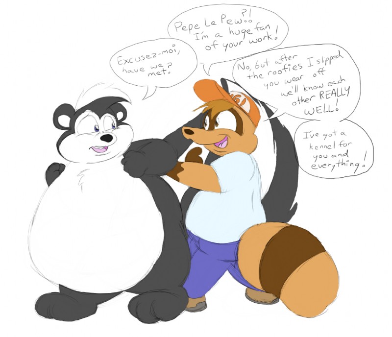 anthro belly creepy dialogue drugged duo fur imminent_rape kidnap male nude obese overweight questionable_consent substance_intoxication tail text nemo unknown_artist looney_tunes warner_brothers pepe_le_pew mammal mephitid procyonid raccoon skunk striped_skunk english_text french_text translated