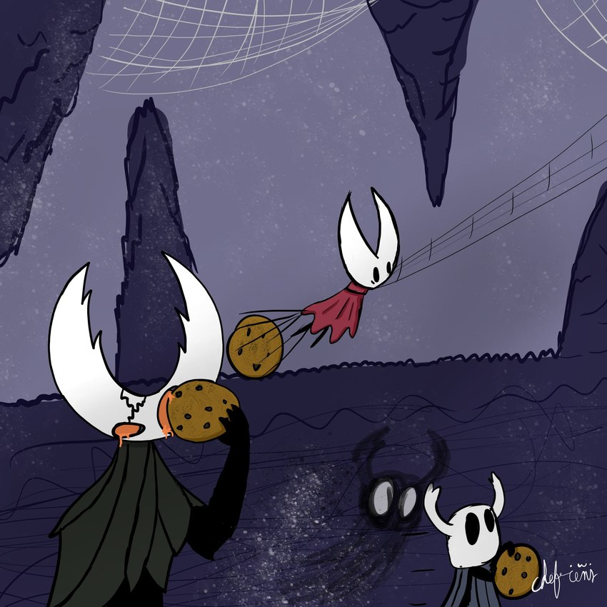 candy chocolate chocolate_chips cookie dessert dust female food group male shadow spider_web trio chefrens hollow_knight team_cherry hollow_knight_(character) hornet_(hollow_knight) shade_(hollow_knight) the_knight_(hollow_knight) arthropod insect vessel_(species) 1:1 hi_res