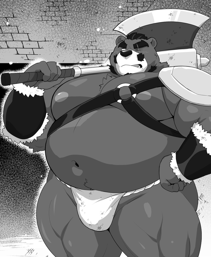 anthro asian_clothing axe belly big_belly clothing east_asian_clothing fundoshi humanoid_hands japanese_clothing kemono male mature_male moobs musclegut muscular navel nipples one_eye_closed overweight overweight_male scar solo underwear 12beat13 bear mammal 2024 hi_res monochrome