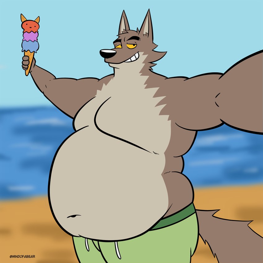 anthro beach belly big_belly clothing dessert food ice_cream male moobs obese outside overweight overweight_male seaside swimming_trunks swimwear water weight_gain mindof dreamworks fattytober the_bad_guys mr._wolf_(the_bad_guys) canid canine canis mammal wolf 1:1 absurd_res hi_res