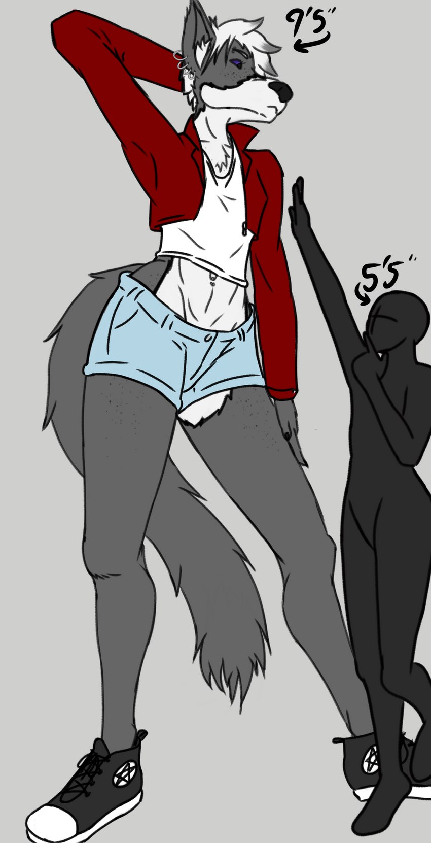 anthro athletic dominant dominant_female duo ear_piercing ear_ring eyebrow_piercing facial_piercing female freckles height_comparison larger_female navel navel_piercing piercing ring_piercing size_difference solo_focus tomboy alpaccasneaky noname_(placeholder) canid canine mammal absurd_res hi_res