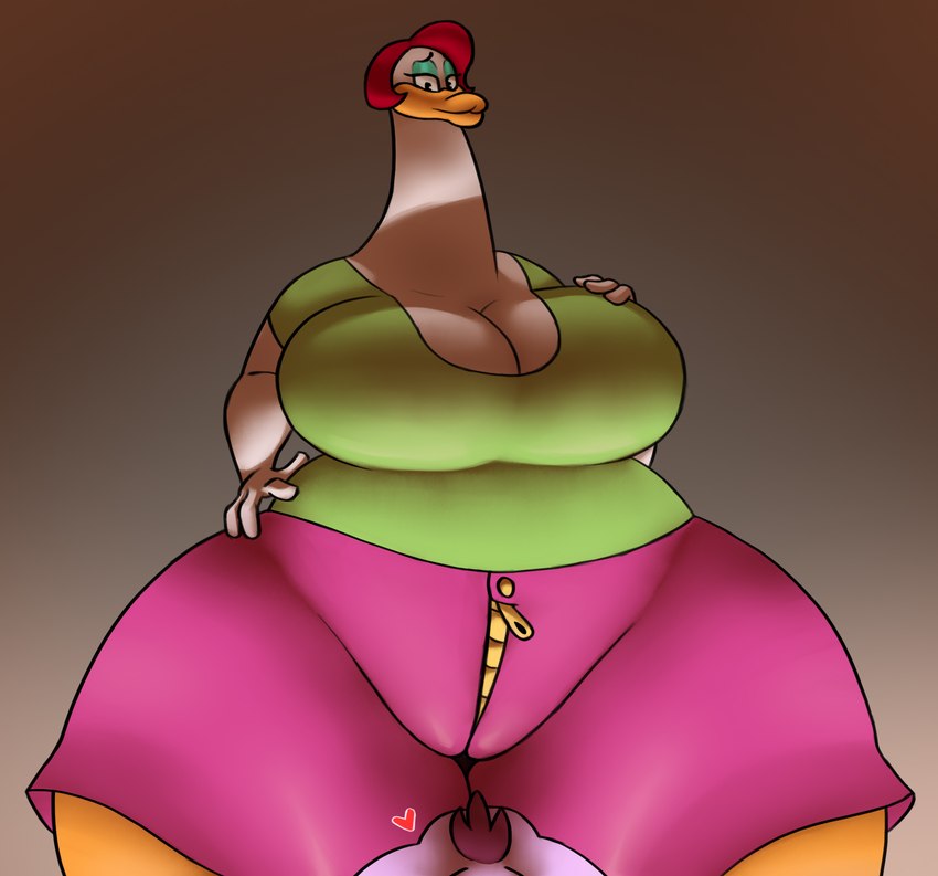 ambiguous_gender anthro beak big_breasts bottomwear breasts clothing duo female female_focus hair huge_breasts huge_thighs mature_female red_hair shirt shorts solo_focus thick_thighs topwear white_body zipper jovi_cap jovi_cap_(oc) katie_(jovi_cap) anatid anseriform avian bird duck lagomorph leporid mammal rabbit hi_res