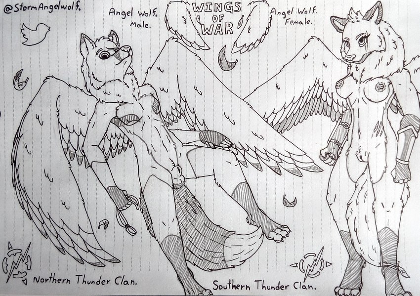 4_claws 4_fingers 5_claws 5_fingers animal_genitalia anthro armor balls big_breasts breasts canine_genitalia claws collar duo eyelashes feathered_wings feathers featureless_breasts female fingers fluffy fluffy_tail flying genitals inner_ear_fluff long_tail looking_at_viewer looking_away male male/female markings neck_tuft nipples nude penis pussy scratch_mark scratches slim smile spread_wings tail text tuft wing_markings wings comicstormcreations storm_angel_wolf_(comicstormcreations) canid canine canis mammal wolf 2023 artist_name black_and_white english_text full-length_portrait hi_res monochrome portrait three-quarter_portrait traditional_media_(artwork) widescreen