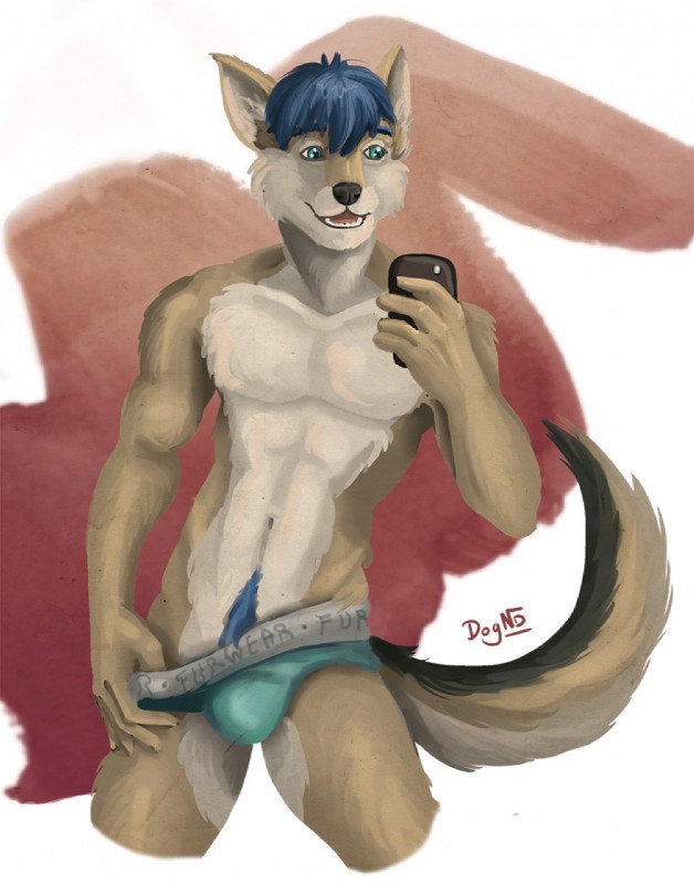 anthro bulge camera clothing fangs male navel open_mouth selfie simple_background smile solo teeth tongue underwear dognextdoor canid canine canis jackal mammal hi_res