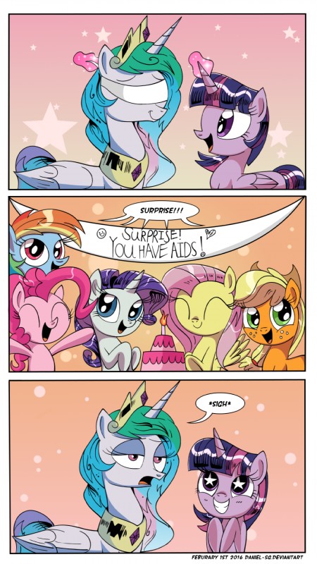 annoyed blindfold cake candle dessert feathered_wings feathers female food group horn wings daniel-sg friendship_is_magic hasbro my_little_pony mythology applejack_(mlp) fluttershy_(mlp) pinkie_pie_(mlp) princess_celestia_(mlp) rainbow_dash_(mlp) rarity_(mlp) twilight_sparkle_(mlp) earth_pony equid equine horse mammal mythological_creature mythological_equine pegasus pony unicorn winged_unicorn 2016 comic hi_res