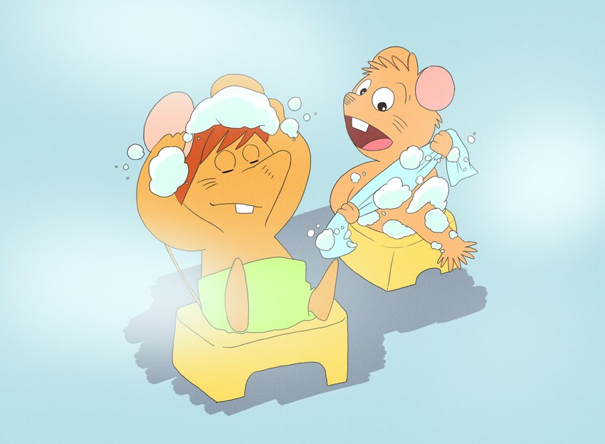 anthro bathing biped brown_body brown_hair chibi duo eyes_closed hair open_mouth sitting towel hikari_gamba gamba_no_bouken gamba_no_bouken_(series) ganba ikasama mammal mouse murid murine rodent 2024 hi_res