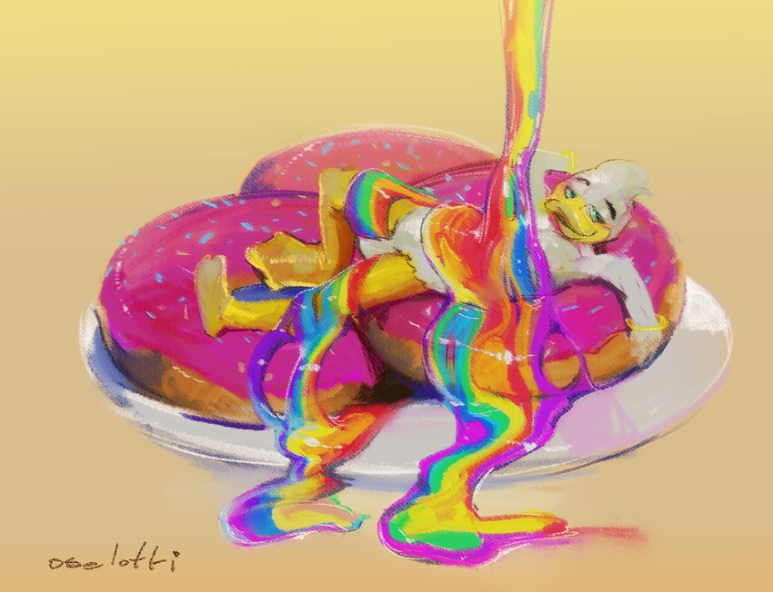 anthro beak dessert doughnut feathers food frosting jewelry lgbt_pride lying male pastry plate pose pride_colors slime solo oselotti quill_wonderfowl anatid anseriform avian bird duck hi_res pinup