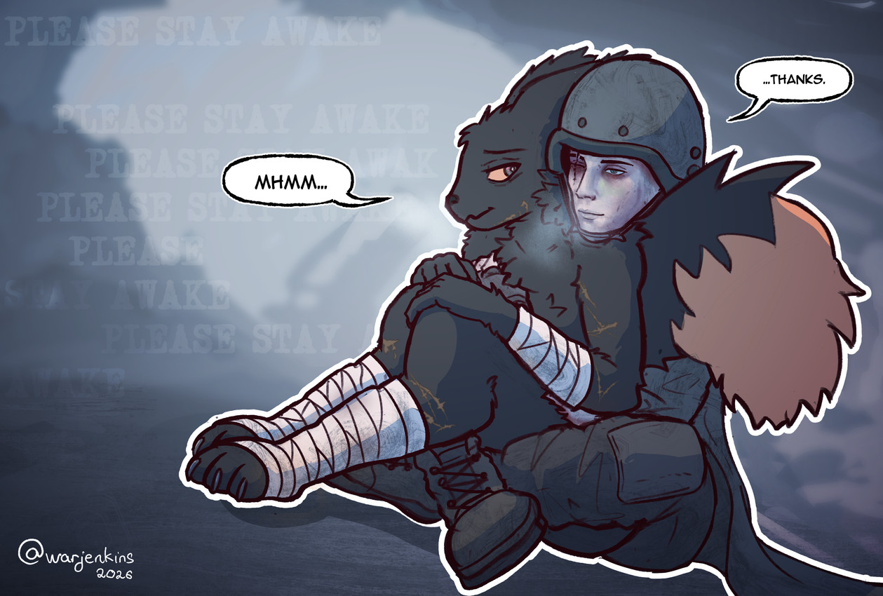 ambiguous_anthro ambiguous_gender anthro armor bandage bandaged_arm bandaged_leg black_body black_fur boots breath bruised bruised_eye clothed clothing cold cuddling dialogue digitigrade duo footwear fully_clothed fur green_eyes headgear helmet hug hugging_another hugging_from_behind ice leg_wraps male mostly_nude shoes sitting speech_bubble tail text two_tone_tail wraps yellow_sclera warjenkins casualties:_unknown expie_(gunsawian) gunsawian human mammal 2026 absurd_res english_text hi_res signature male_(lore)