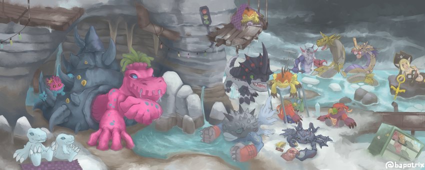 anthro female feral group male relaxing shell swimming water bapotrix bandai_namco digimon coelamon crabmon digimon_(species) gizamon humanoid mermaimon metalseadramon monochromon muchomon pukumon sangomon shellmon snowagumon absurd_res hi_res