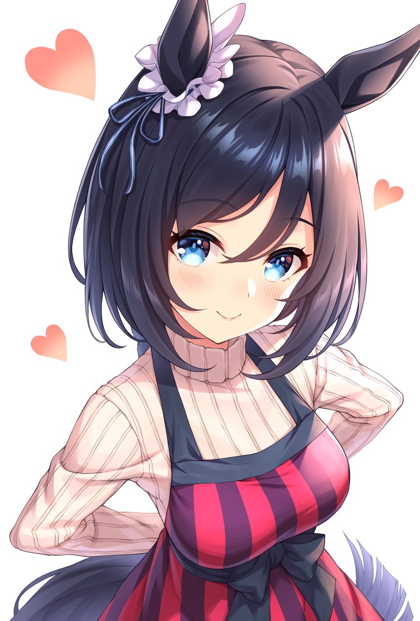 apron black_hair blue_eyes breasts clothed clothing female hair heart_symbol looking_at_viewer simple_background solo sweater topwear white_background tomo_(tmtm_mf_mf) cygames uma_musume_pretty_derby eishin_flash_(pretty_derby) animal_humanoid equid equid_humanoid equine equine_humanoid horse_humanoid humanoid mammal mammal_humanoid 2022 hi_res